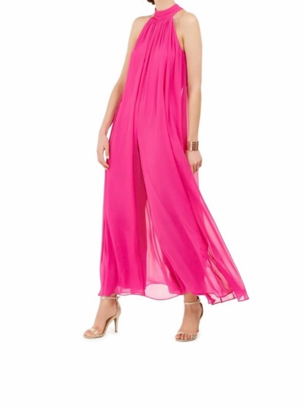 Women's Hot Pink Halter Wide-Leg Jumpsuit Ruched sheer an adjustable neck scarf